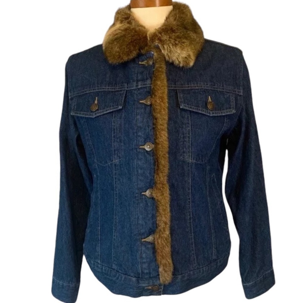 Marisa Christina Women’s Denim Jacket Size Small Faux Fur Trim Button Front Blue